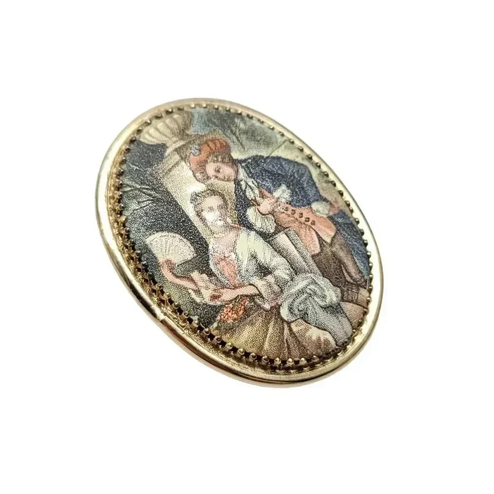 Whiting and Davis Hand Painted 18th Century Georgian Scene Gold Tone Brooch